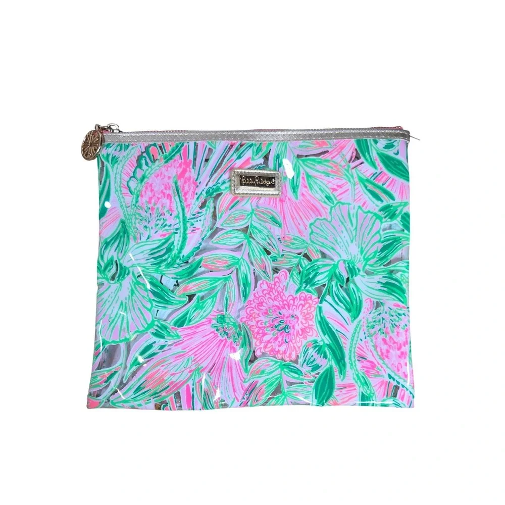 Lilly Pulitzer Pink‎ Green Floral Clear PVC Wristlet Pouch Beach Pool Bag 10x8